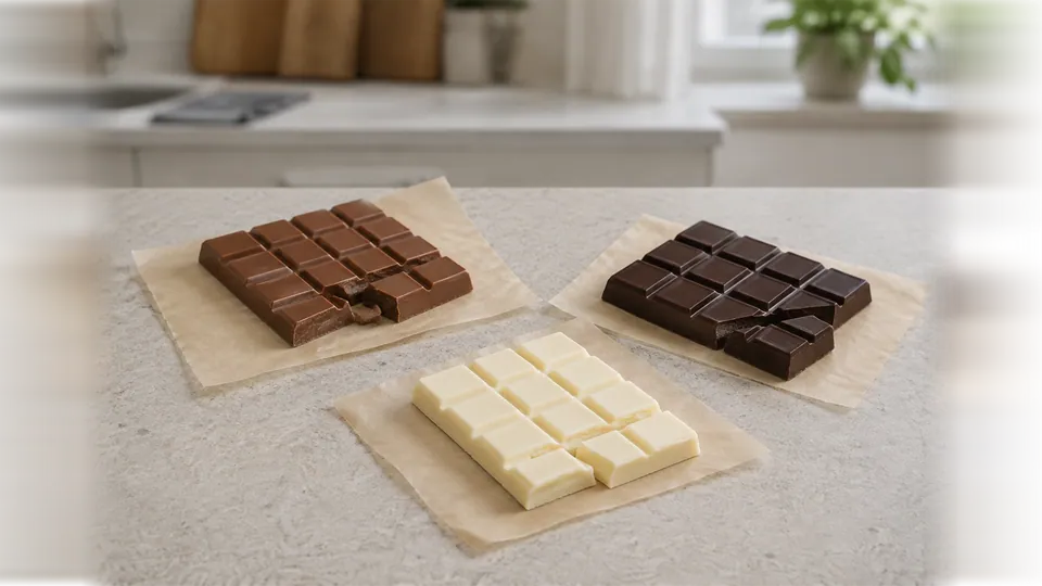 Tre delvis brutna chokladkakor av mjölkchoklad, mörk choklad och vit choklad på neutralt bakplåtspapper