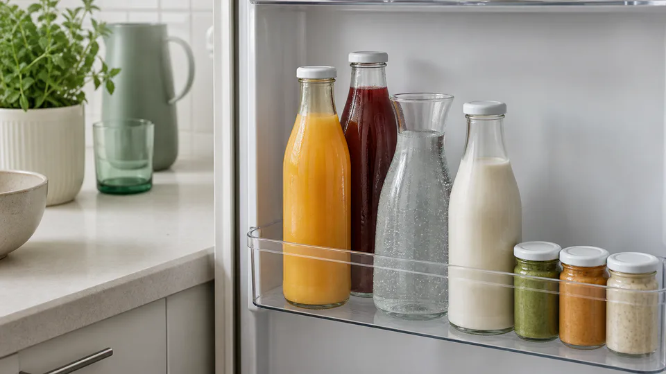 Flaskor med juice, vatten och ljus dryck samt små såsburkar