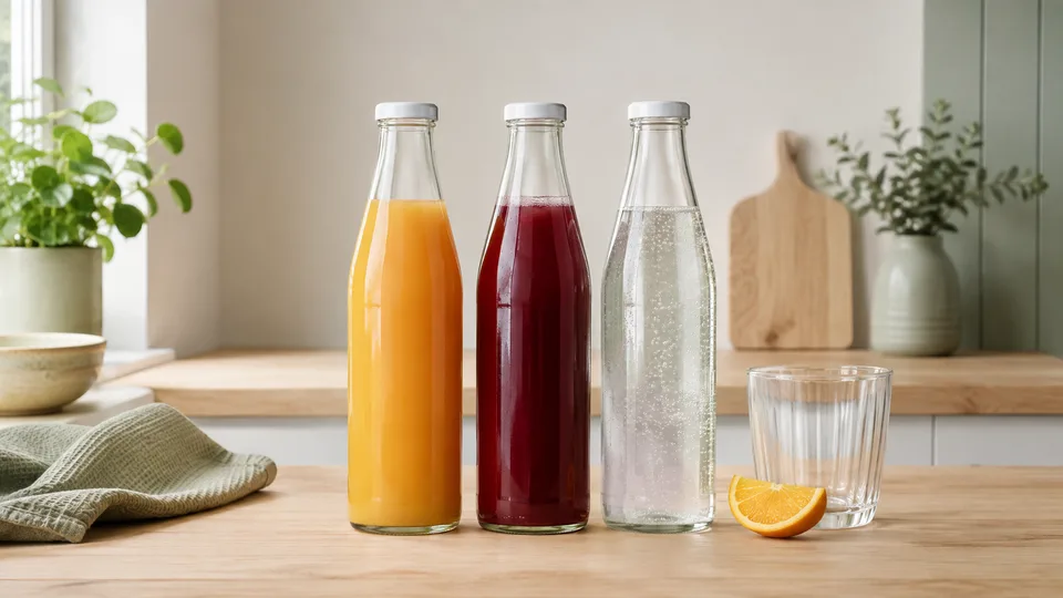 Förslutna flaskor med apelsinjuice, röd bärjuice och kolsyrat vatten
