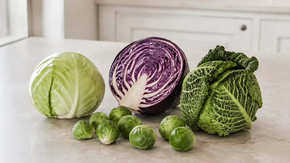 Grön huvudkål, en halverad rödkål, savojkål och brysselkål på en ljus stenbänk