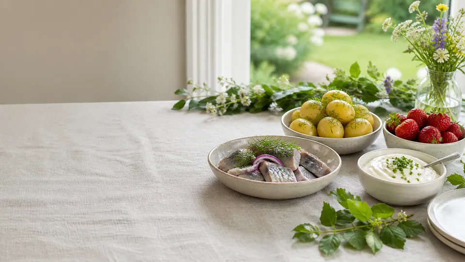 Små skålar med sill, kokt potatis, jordgubbar och gräddfil på ett bord vid ett trädgårdsfönster