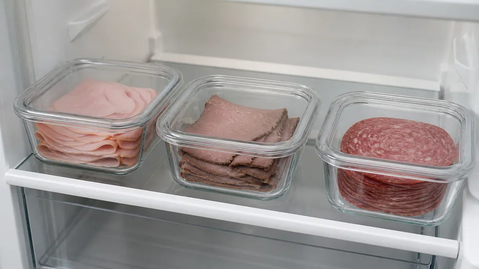 Skivad skinka, rostbiff och salami i separata glaslådor på en kylhylla
