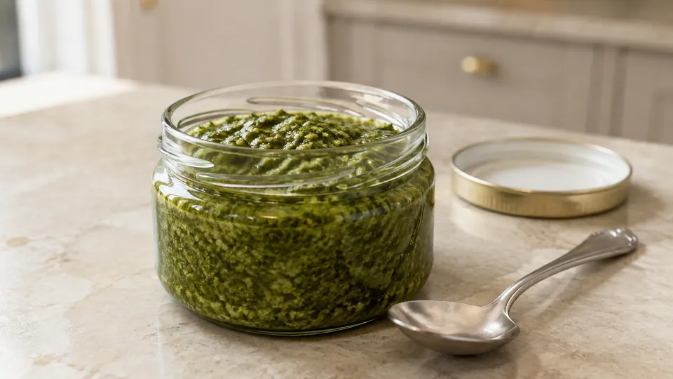 Grön basilikapesto i en öppen glasburk med skruvlock och en ren tesked bredvid