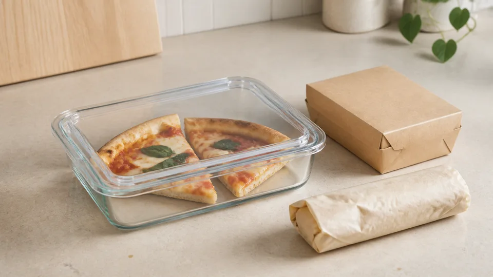 Två pizzabitar i en glaslåda bredvid en takeawaykartong och en pappersinpackad wrap
