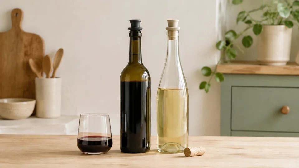 Två vinflaskor med återförslutningskorkar, ett litet glas rött vin och en lös kork