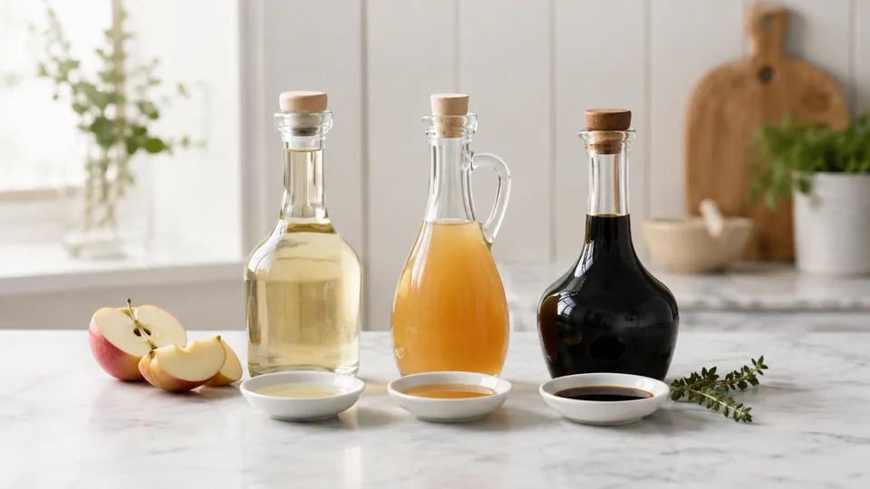 Tre omärkta glasflaskor med ljus vinäger, grumlig äppelcidervinäger och mörk balsamvinäger samt äppelbitar och provskålar